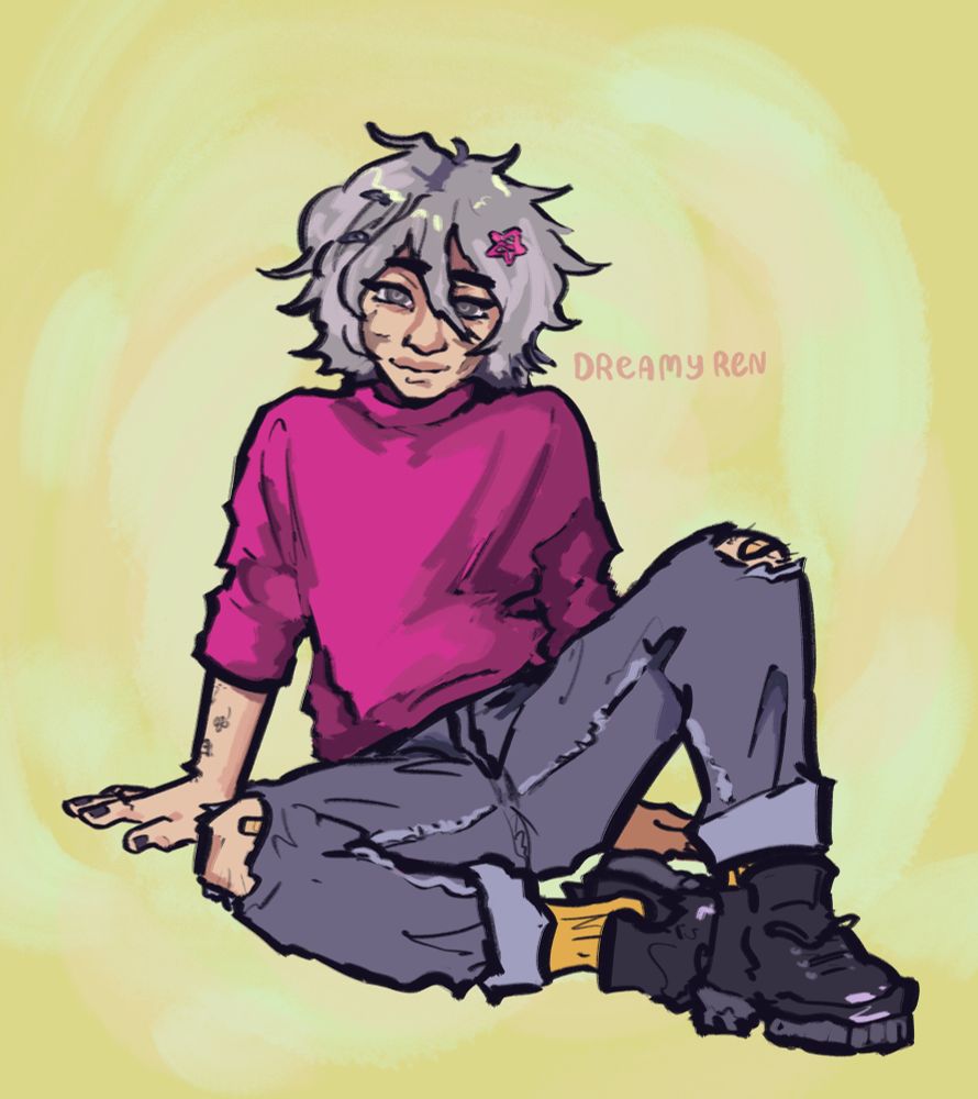 A digital illustration of a young man who is reclining, leaned back on his hands. He has short, fluffy greyish white hair that falls partially over the middle of his face, pinned up with barrettes and a pink star shaped hair clip. He has grey eyes, pale skin, and prominent x-shaped scars on each cheek. He has visible stick-poke tattoos on his right arm, one of which being a four leaf clover. He is wearing a deep pink/magenta sweater, gray jeans with holes exposing his bandaged knees and the cuffs rolled up to show his bright yellow socks and shiny black boots. He wears a calm and happy expression. The background is an abstract mix of yellow and very light neon green that swirls around the character.