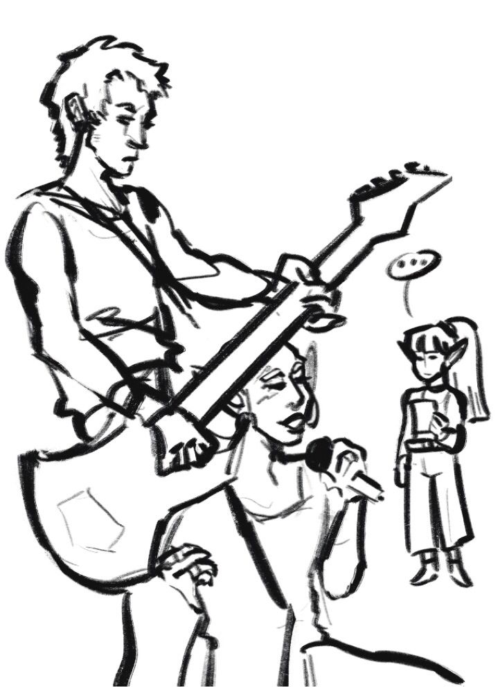 A messy, uncolored digital sketch of three figures. One figure, in 3/4 view, is a man playing an electric guitar. He has short hair that looks slightly messy and sharp at the ends, sideburns and a strong nose. 

The other figure is a bald elven man who is presumably kneeling beside him, a hand wrapped around his thigh, rings visible on his hand. With his other hand he holds a microphone, and appears to be singing into it, eyes closed and full painted lips open. He is wearing large round earrings on his pointed ears.

In the background, a smaller figure in the distance looks on unimpressed. He is another elven man, with bangs just above his closed eyes, long straight hair tied in a ponytail that reaches to his bicep, pointed ears, and is wearing a long sleeved shirt, a belt and wide legged pants. He holds a piece of paper and has a speech bubble next to him that only reads ellipses (”…”)

The two figures playing guitar and singing take reference from a photograph of guitarist Frank Iero and vocalist Gerard Way performing on stage.