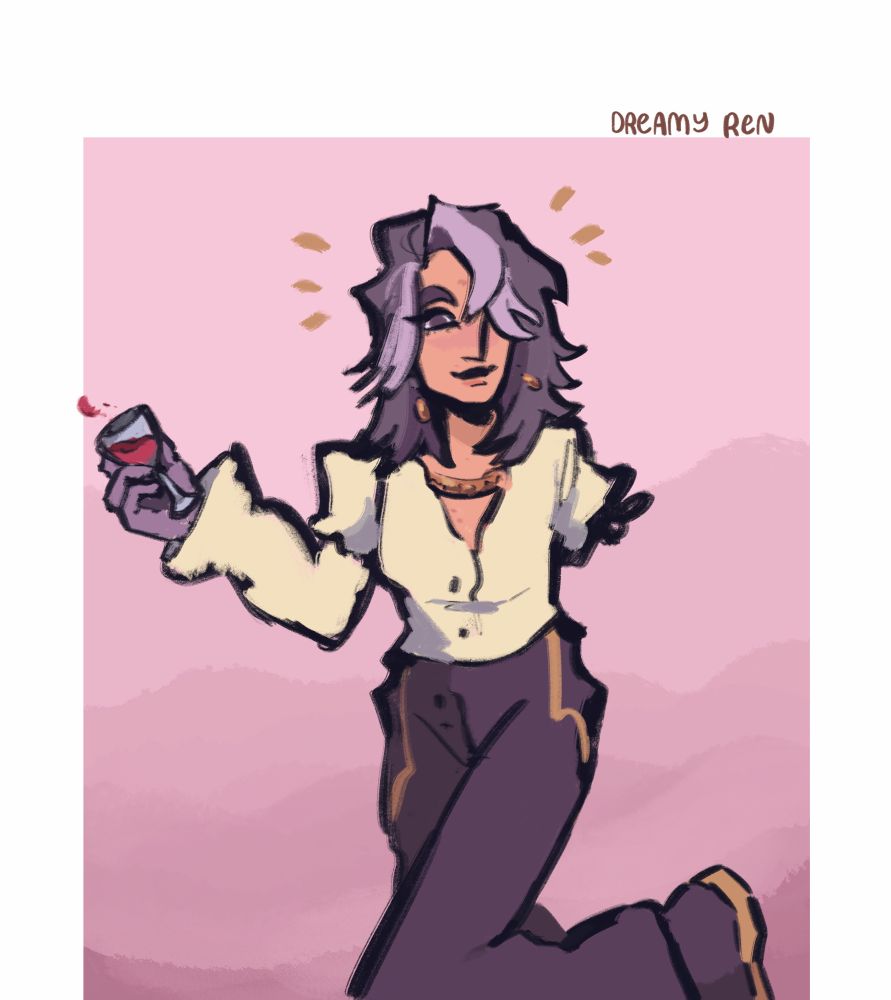 A digital illustration of a young adult with light peach skin, dusty purple hair in a shag cut with streaks of white that fall partially over the right side of their face, expressive purple eyes, a strong nose and a charming smile. They stand posed with a glass of red wine, raising one leg behind them playfully. They are missing their right arm, and wear their cream colored dress shirt with the sleeve tied off on that side. They wear lavender gloves on their left hand, high-waisted plum-purple pants with gold accents down the lines, plum boots with gold accents on the bottom, a gold chain necklace and gold earrings. They stand against a rose pink background that darkens into a duskier wisteria color at the bottom.