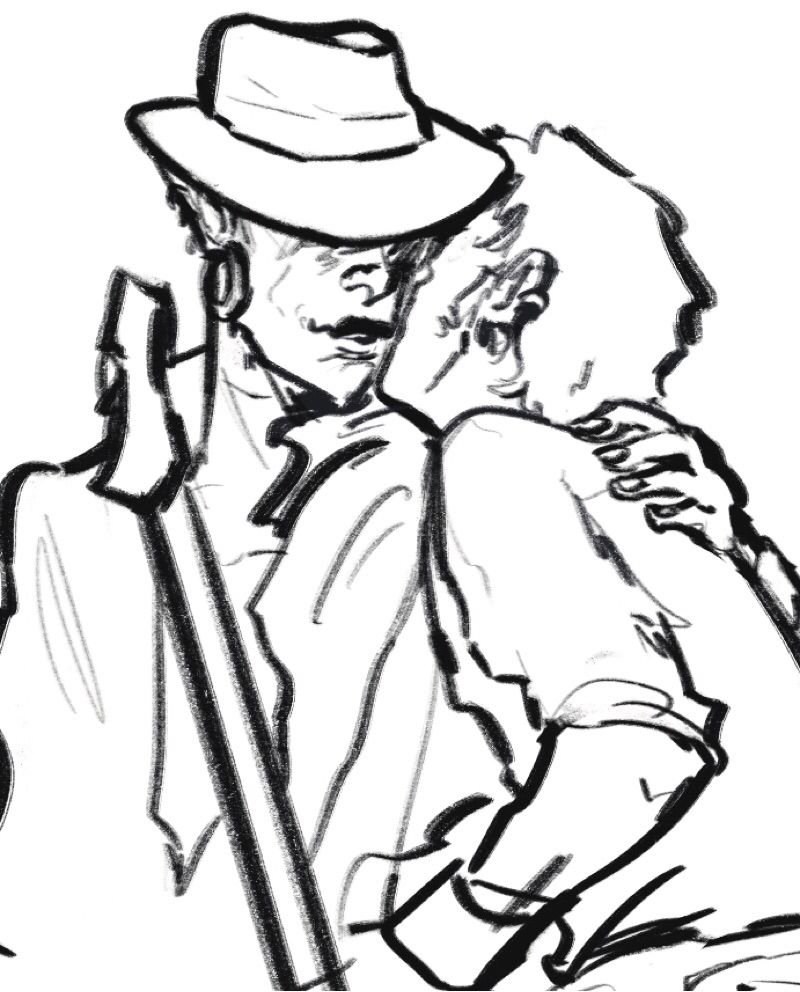 An uncolored digital sketch of two men in an embrace. One is an elven man in fine clothing, a hat tipped downwards obscuring his eyes, a row of earrings lining his pointed ears, a sloped nose with a rounded and impish apex. His lip curls into a smile and dimples his face as he turns his face towards the other man, embracing him with one arm.
The other man is seen from the back leaning into him, one arm holding a guitar that can only be seen from the neck up. This man has short, slightly messy hair and sideburns, and two earrings on his visible ear. He is leaning his face towards the other man intimately.

This drawing takes reference from a photograph of musicians Clarence Clemons and Bruce Springsteen on stage together during a performance.