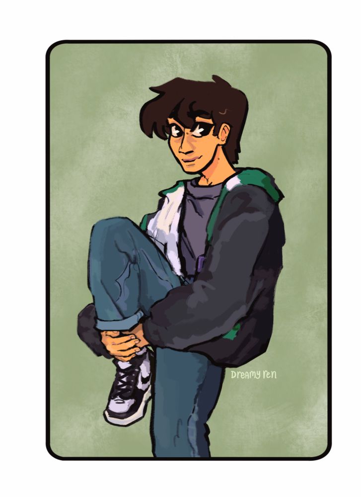 A digital illustration of a young man lounging with his arms wrapped around one leg, wearing a retro style windbreaker, a gray shirt, blue jeans, and black and white Nike sneakers. The young man has peach colored skin, big expressive black eyes, dark hair and a few moles dotted on his face and neck.