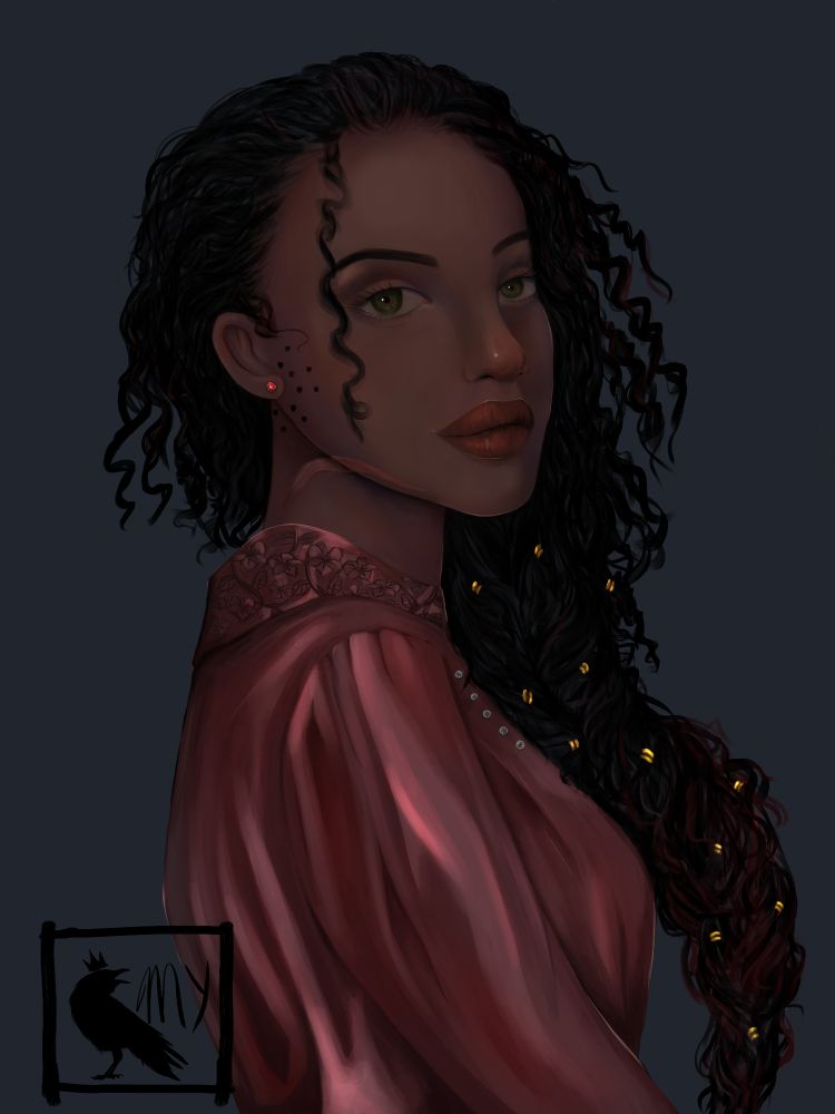 Portrait of a woman with green eyes with amber around the pupils. Her curly hair is braided loosely and has gold beads and wine-red highlights. She wears a ruby earrings and has a black dot tattoo shaped as two circles around her ear so the ruby earring is the centrepoint. Her shirt is a silky red with floral decorations on the collar.