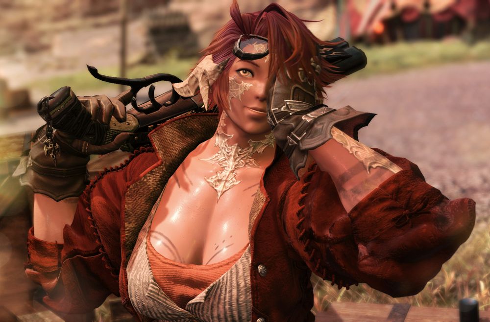 A shot of Aro with a much shorter hairstyle. She's stood in the sun with a shotgun over her shoulder. She's reaching reaching up and pushing the fringe of her hair out oft he way with her other hand