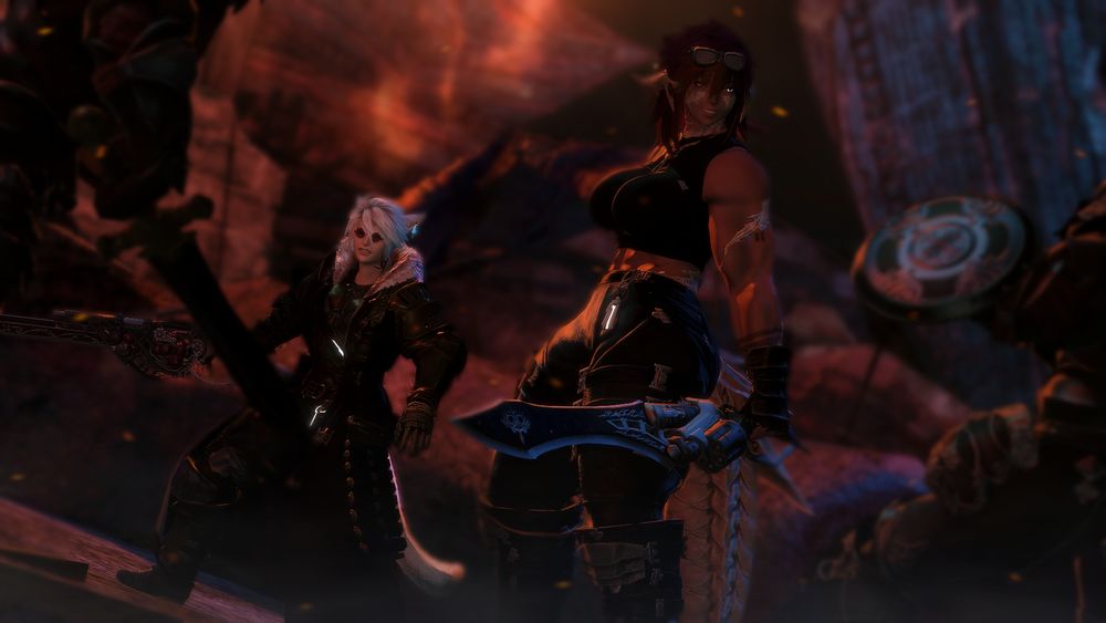 Two Gunbreaks stand in the midst of battle. One of them, Taro, is in a defensive stance ready to fight. The other, Aro, is stood laxly, open and cocky. Enemy soldiers are rushing towards them from either side.
