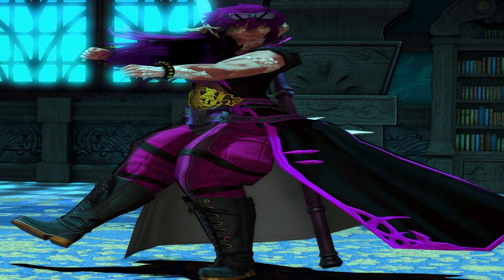Aro is stood very wide and distrorted, her arms pointing left as she stands on one foot, with cartoonish angry eyebrows on her face. A reference to the meme'd sprite of "Kris, where the FUCK are we?"