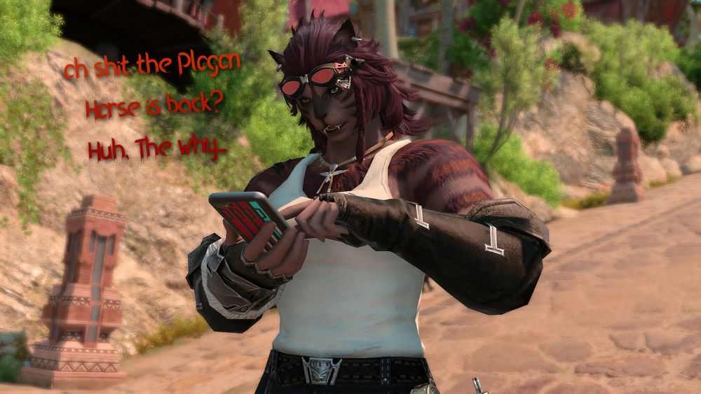 Hrothgar Aro looking on her phone as she mutters "Oh shit, the Plogon Horse is back? uh, then why..."