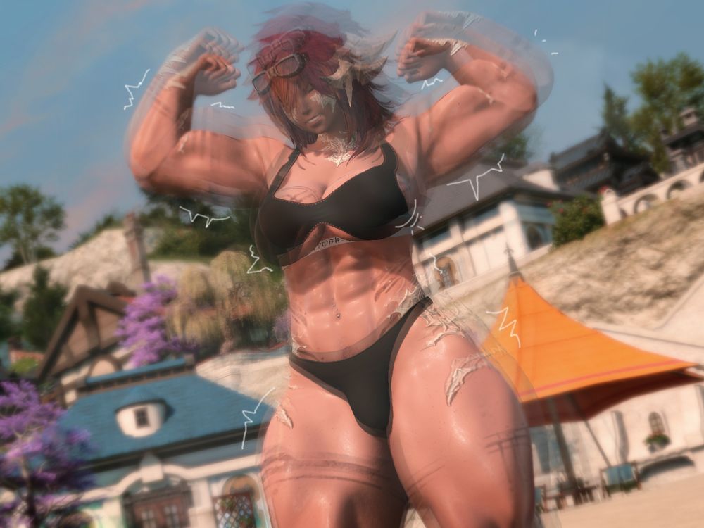 Aro now starts to flex harder, wincing, as she starts to grow. Her arms and legs getting larger, and her getting taller.
