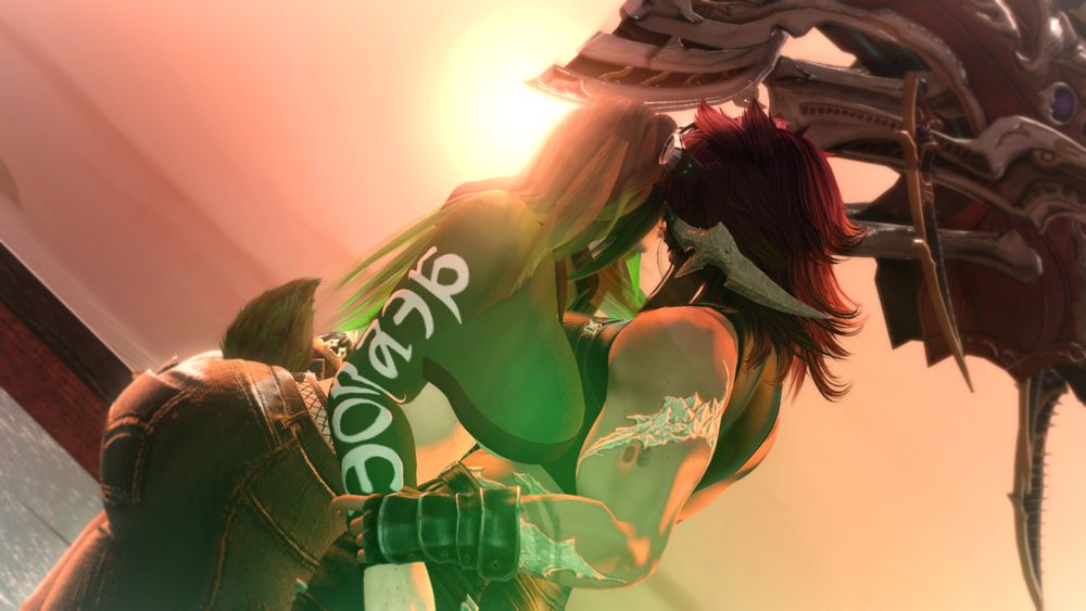 An Angle shot of Aro and Mira, a large black and green haired Viera, passionately kissing on a bridge, the sun is shining brightly behind them, lighting the edges of them both.