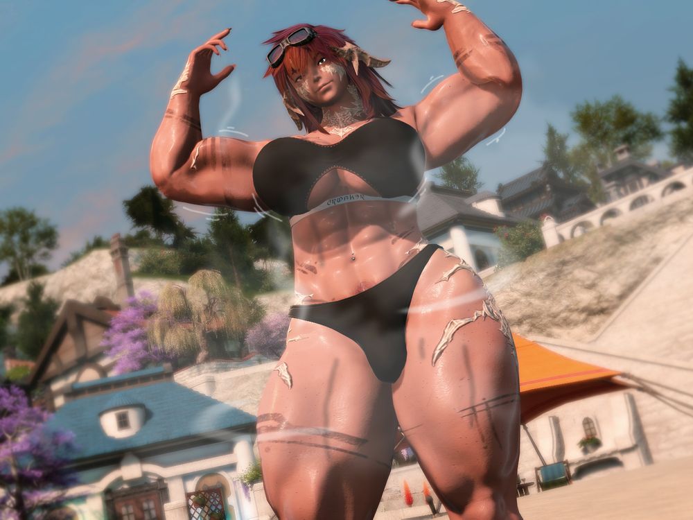 Aro now stands, still flexing but more relaxed as she stands a foot or so taller, her muscles bulging,  as sweat rolls down her body, and musky clouds swirling around her.