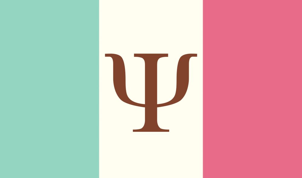 A vertical tricolor of equal-width stripes: mint green on the left (representing one gender), medium pink on the right (representing another gender), and off-white in the center (representing a combined single gender). Centered on the off-white stripe is a brown uppercase Greek letter Psi, the symbol of a qubit.