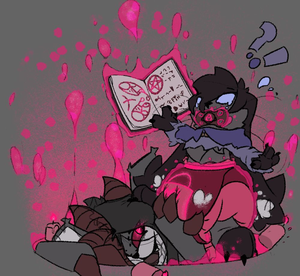 Sichel the Bunny summoning Finsternis the Demon through a summoning circle on the floor. 

Fin's head and arms appearing from the circle, under Sichel. Magical powers are being used to force a locked diaper and pacifier onto the bunny, who is surprised and a little distressed. 