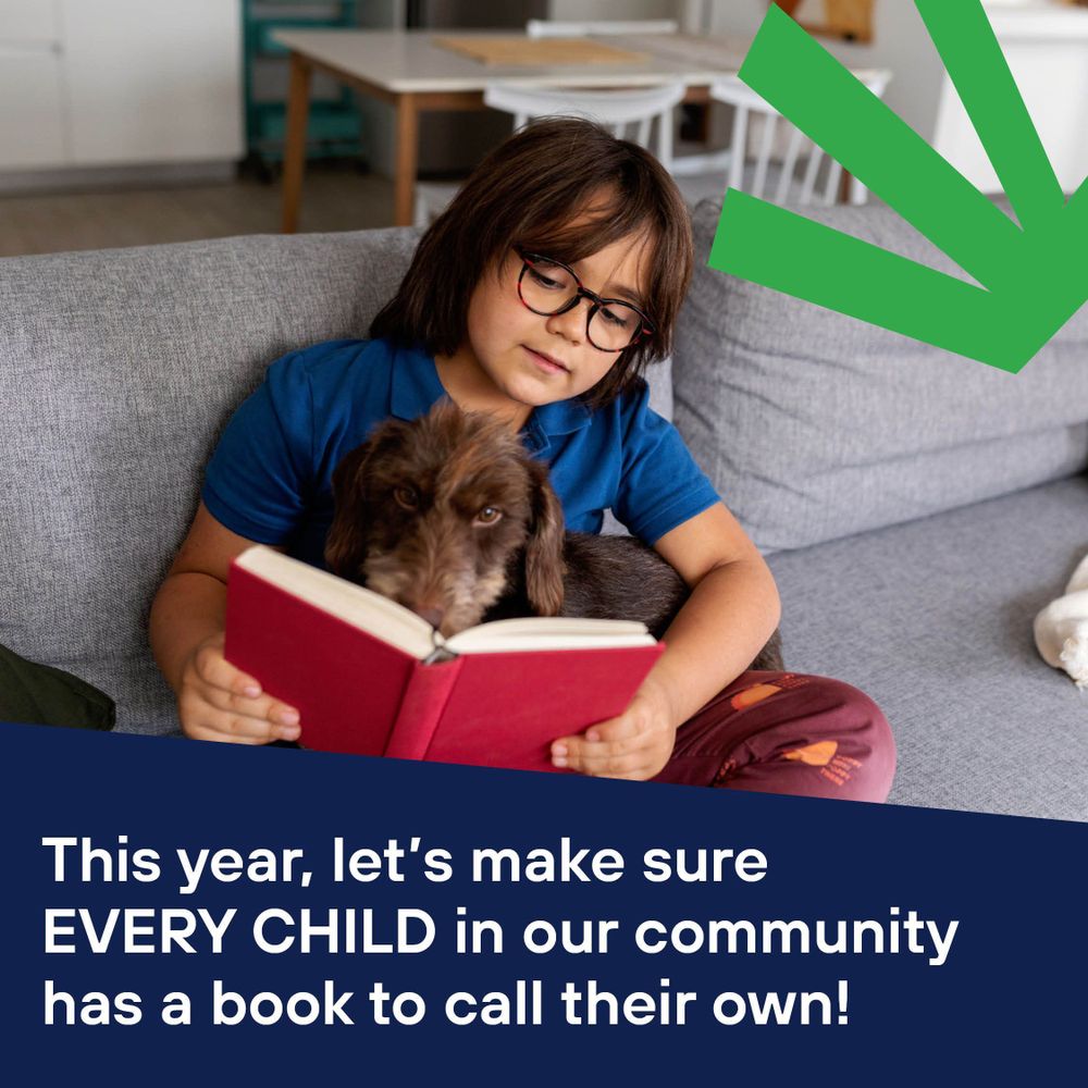 This year, let’s make sure every child in our community has a book to call their own!
Girl with glasses reading a book with a dog on her lap.