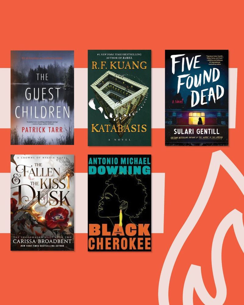 Book covers from left to right: The Guest Children by Patrick Tarr, Katabasis by R.F. Kuang, Five Found Dead by Sulari Gentill, The Fallen Kiss the Dusk by Carissa Broadbent, Black Cherokee by Antonio Michael Downing.