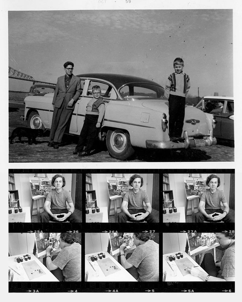 A vintage film strip showing a photo of young Rudy and his family standing beside their car.showing, and images of Rudy Sparkuhl in his studio painting.