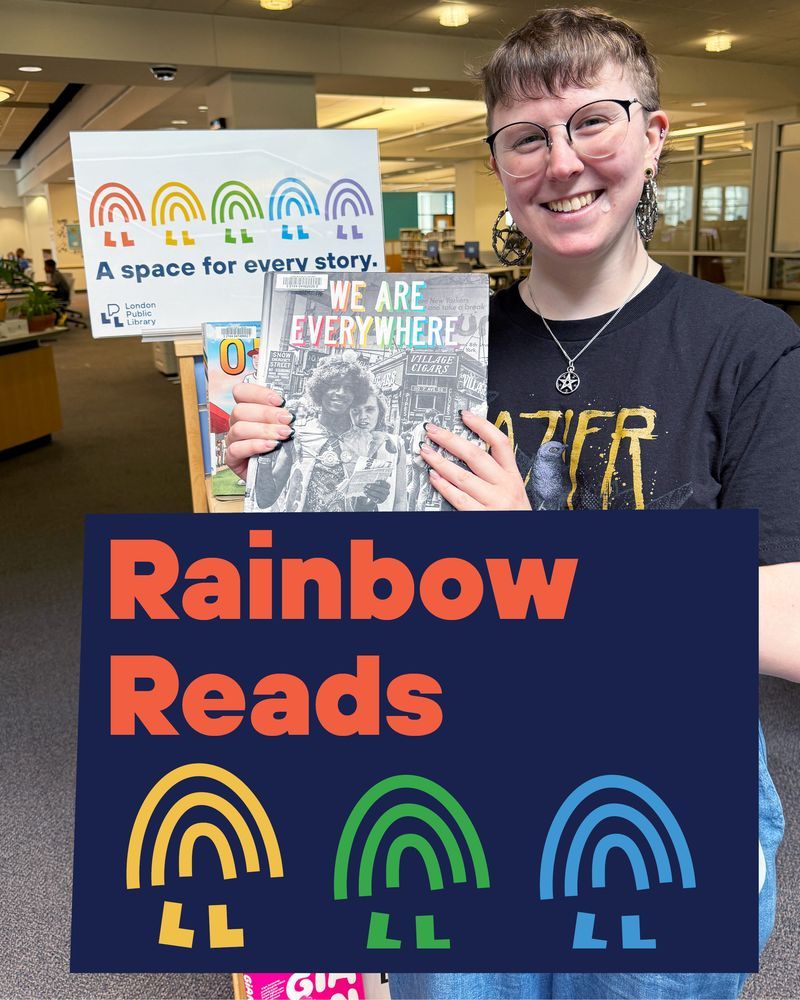 A staff member holds We are everywhere: protest, power, and pride in the history of Queer Liberation by Matthew Riemer. Overlayed text reads: Rainbow Reads.