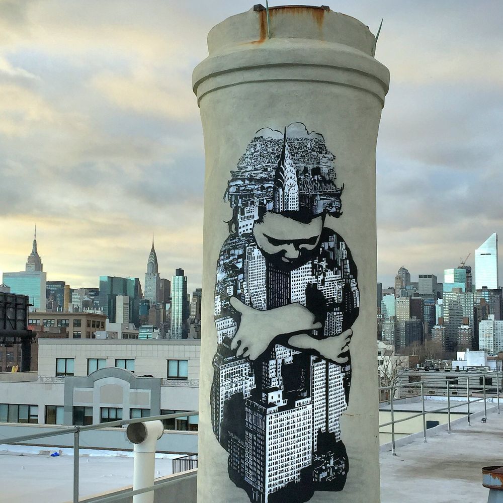 Mural by Icy and Sot for Arts Org with a view of the Manhattan skyline in Long Island City in Queens, New York.