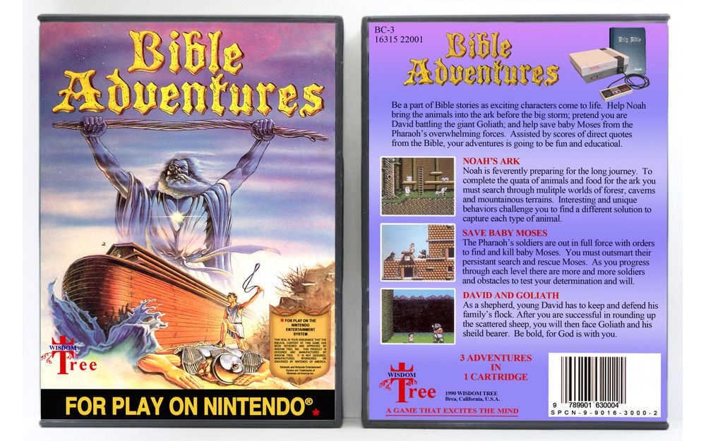 Add for Bible Adventures NES game by Wisdom Tree:

Has 3 adventures: Noah's Ark, Save baby Moses, and David and Goliath.