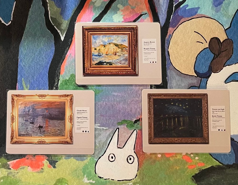 3 MtG landscape proxies: Zagoth Triome with Impressionist Sunrise by Claude Monet Raigrin Triome with Sea and Cliffs by Auguste Renoir Ketria Triome with Starry Night Over the Rhone by Vincent van Goph