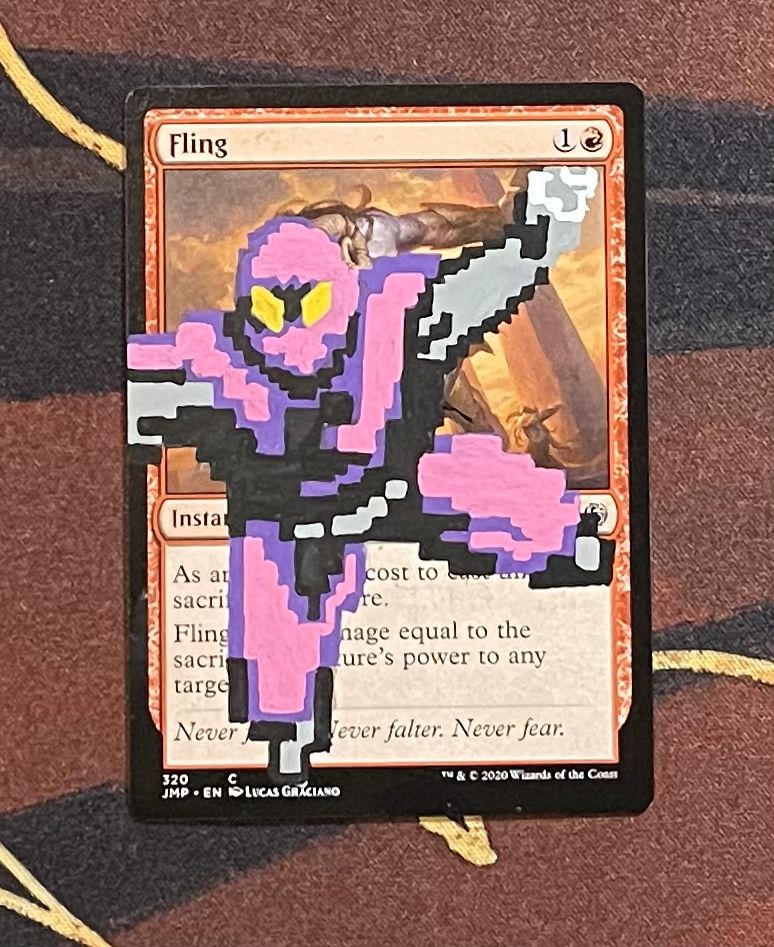 Fling altered with a pixel Foot soldier flying at the screen, ref from TMNT Turtles in Time arcade game. 
