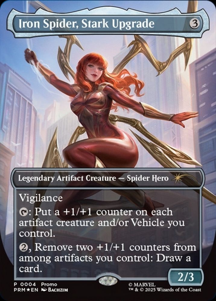 MtG card:  Iron Spider, Stark Upgrade {3}

Legendary Artifact Creature — Spider Hero

Vigilance

{T}: Put a +1/+1 counter on each artifact creature and/or Vehicle you control.

{2}, Remove two +1/+1 counters from among artifacts you control: Draw a card.
2/3 