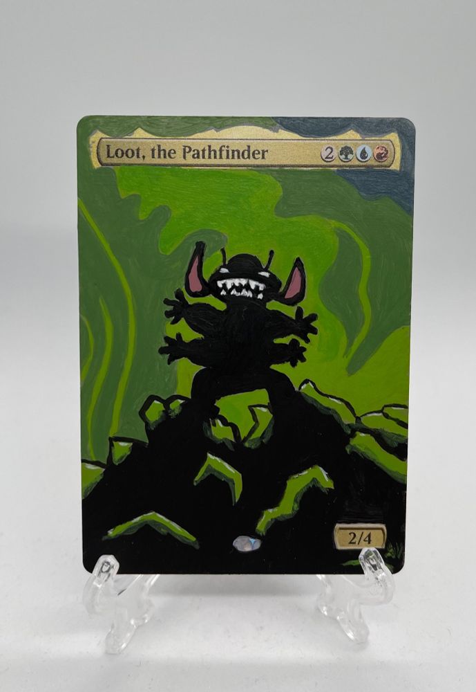 Altered MtG card: Loot, the Pathfinder. 

Alter is a silhouette of Stitch standing on top of a pile of rubble, with green flames behind him. 