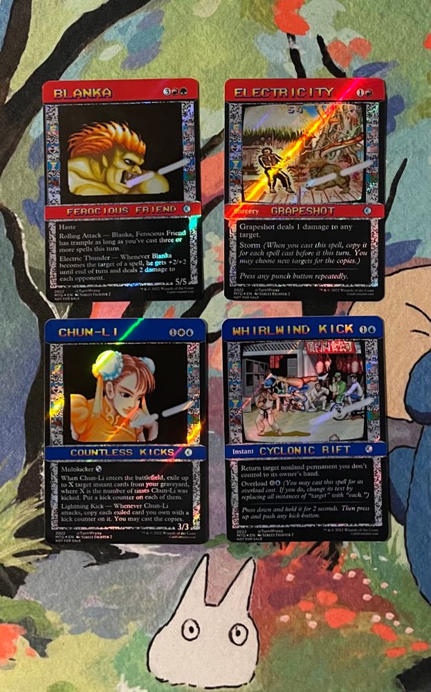 MtG proxy cards: Blanka, Ferocious Friend, Grapeshot, Chin-Li, Countless Kicks, and Cyclonic Rift. All frames and art in SF2 arcade style using screenshots from the arcade. 