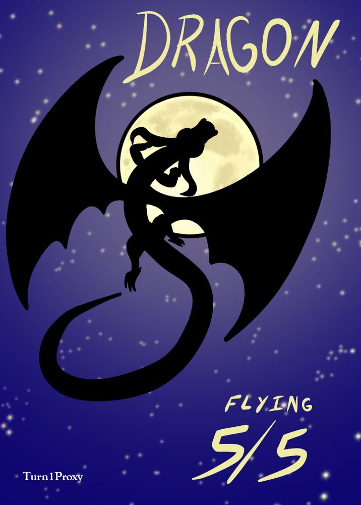 Dragon token. A silhouette of a dragon with a long body, large wings, and horns partially covering the moon in a clear, dark blue sky. 