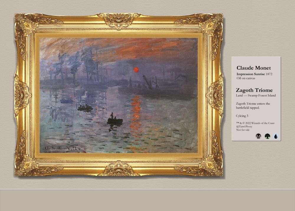 MtG proxy card: Zagoth Triome with Impressionist Sunrise by Claude Monet.