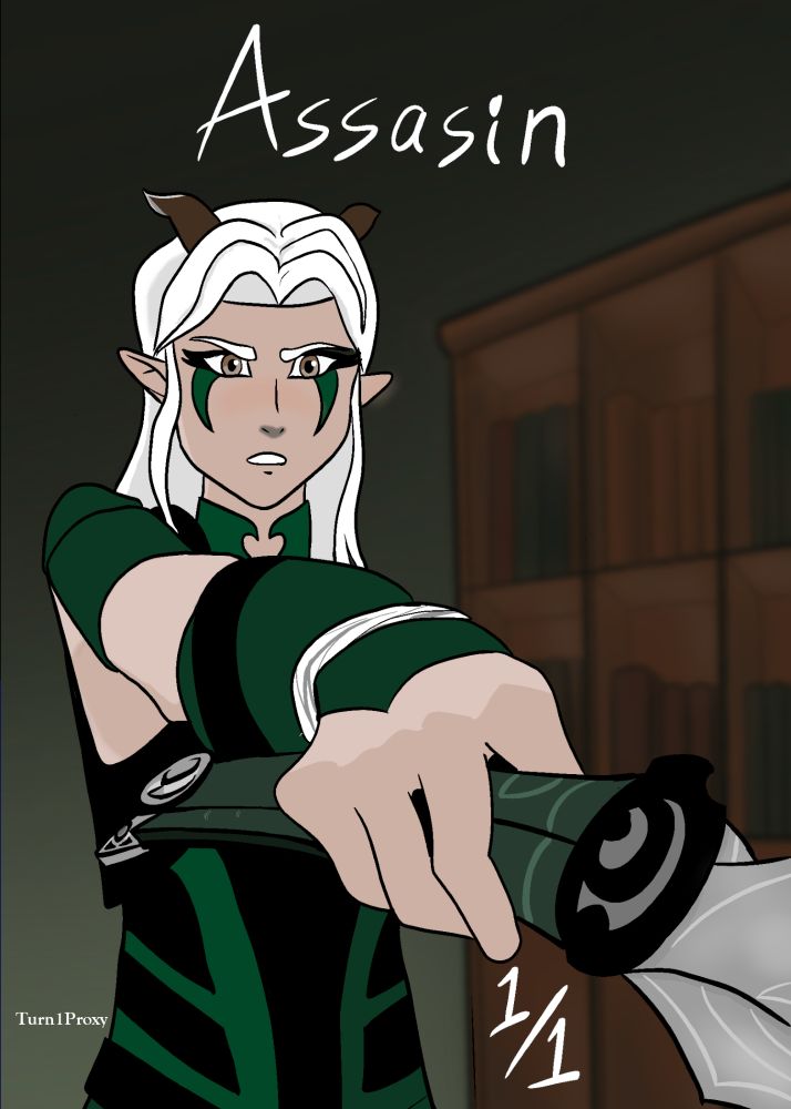 1/1 Assasin token, Rayla (from The Dragon Prince) pointing her blade forward.