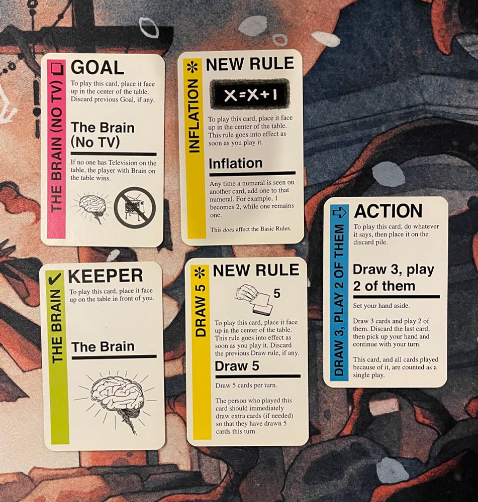 Fluxx cards: Goal The Brain (No TV), New Rule Inflation, Keeper The Brain, New Rule Draw 5, Action,l Draw 3, play 2 of them