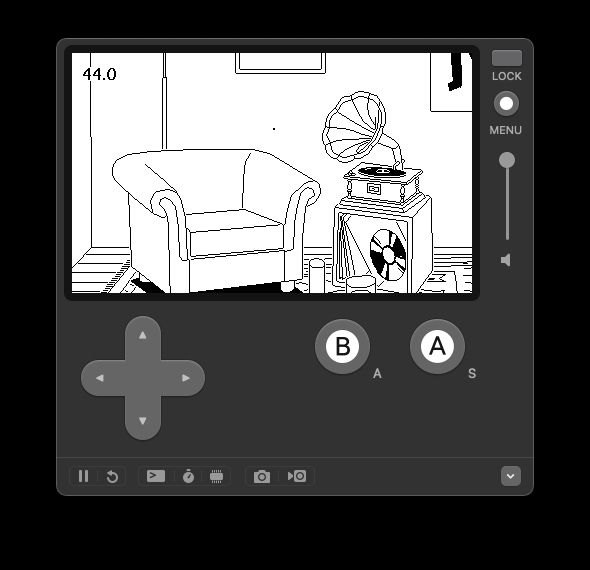 A screenshot of video game 'Time Flies' in the Playdate Simulator. A very small fly hovers in a room with a large chair and phonograph.