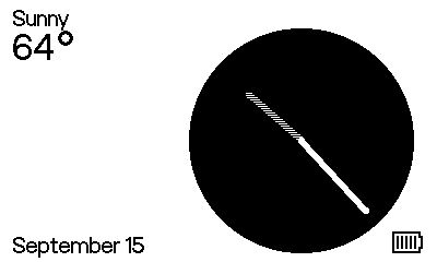 Black and white idle clock screen for a game console. In the center-right of the screen, atop a white background, is a large black analog clock with a gray hour hand, and a white minute hand. The top left corner displays weather information (Sunny, 64º), the bottom left corner displays the date (September 15th), and the bottom right corner displays battery percentage.