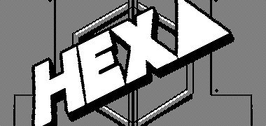 Bold text reading "HEXA", laid on a metallic background with a hexagonal panel.