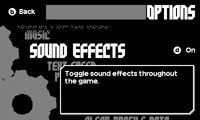 Options menu in a black-and-white video game, with a vertical list of options at a bit of a tilted angle. The played is hovered over "Sound Effects", and has them enabled.