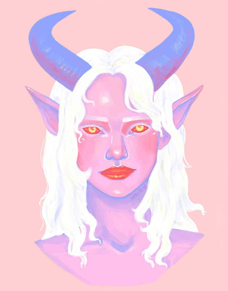 A digital drawing of a female Tiefling (a horned devil-like person from Dungeons and Dragons). The colour palette is limited. She has light pink skin, fully red eyes with yellow irises, and red lips. Her hair is white and has a little bit of wave to it. Her eyelashes are also white. She has pointed ears and blue horns that curl out from the top of her head towards the sides and then to the back of her head.