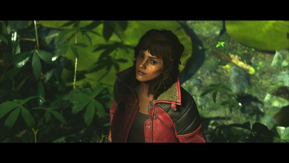 Kay Vess from Star Wars Outlaws wearing a sick red leather jacket with another excellent large collar.