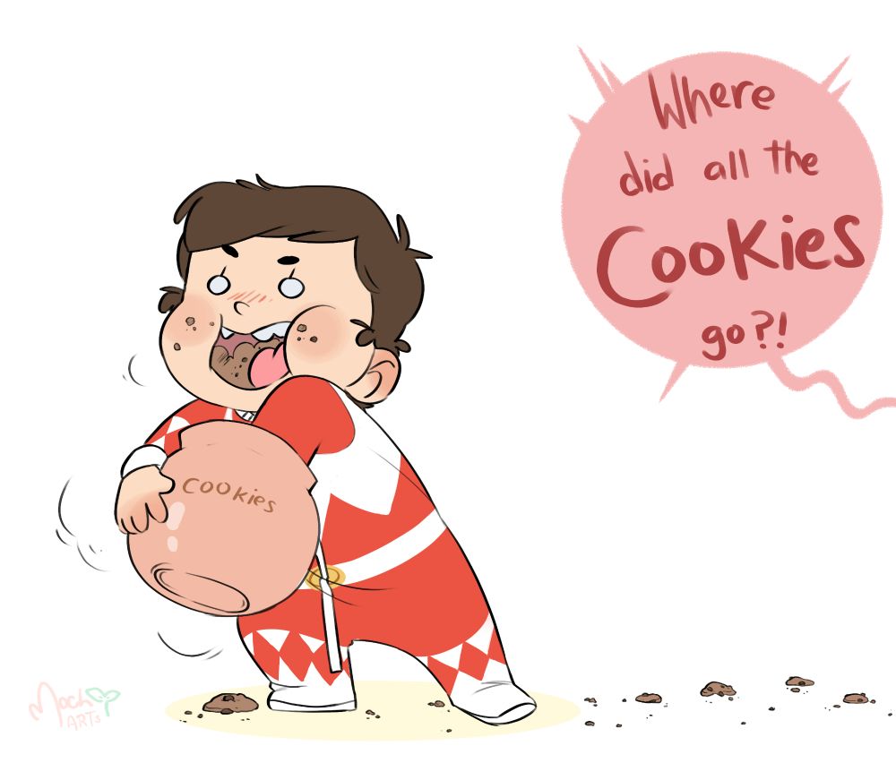 Ryan in his red MMPR Ranger PJs, nomming on (messily eating) cookies from the cookie jar like a little tiny gremlin. He is wearing a diaper underneath, due to his incontinence (think bedwetter/bedwetting but permanent/forever).

There's also a cookie trail behind him, with his Mom shouting "Where did all the Cookies go?!"

#abdl #kidcore #littlespace #powerrangers