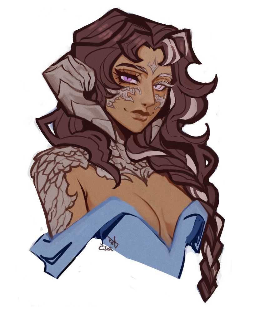 Stylized portrait of a woman with one lavendar eye, one white eye. she has brown, long wavy hair, and silver/white scales. There is a hint of albinism in her right lashes and eyebrows, with a streak of creamy white going through her braided hair. she's wearing an off-shoulder blue top.