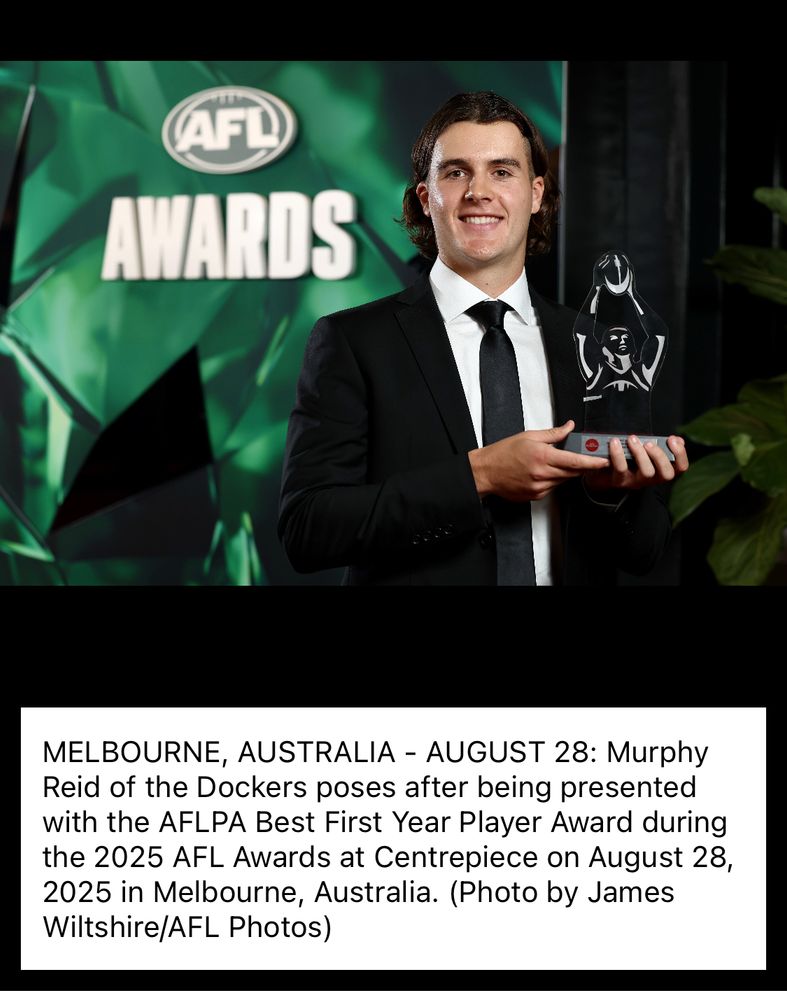 Murphy Reid, winner AFLPA Best First Year Player Award 2025
Image from Dockers app - AFL 2025 Media 