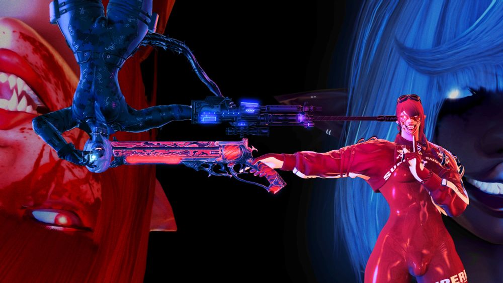 A gpose set featuring my OCs, Chiome Leraiemaux and Valefor Tenebreaux.
The two stand in skintight gear with their positions flipped (one above and one below), each holding a gun pointed at the other's head.
Valefor gestures to his glowing eye and Chio performs a shushing motion while their face is spattered in blood.
They both sport manic grins, and closeups of their profiles can be seen in the background.