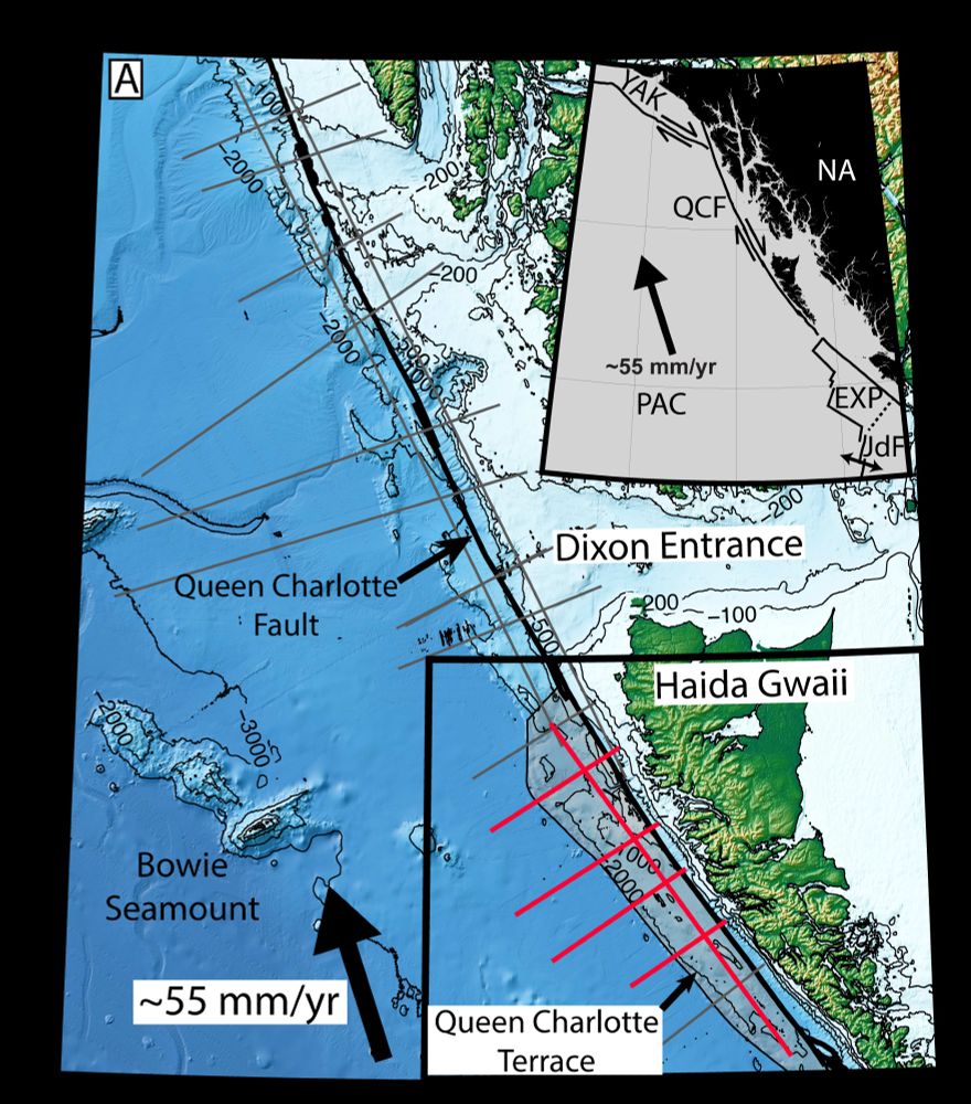 Map of the study area, showing the location of the Queen Charlotte Fault (QCF) in relation to the Pacific (PAC), North America (NA), Yakutat (YAK), Explorer (EXP) and Juan De Fuca (JdF) tectonic plates. Credit: Brandl et. al., Science Advances