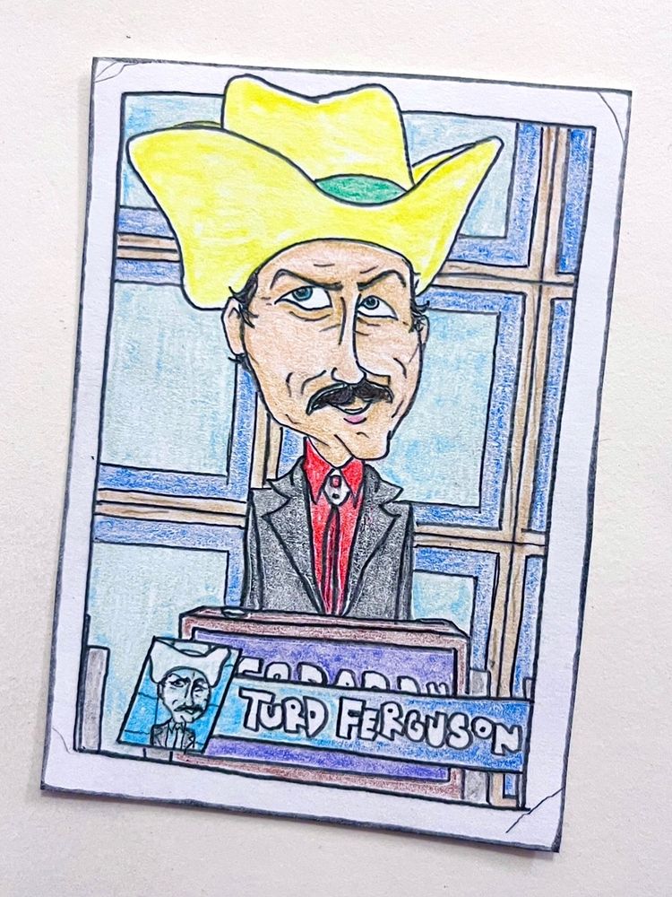 Colored-pencil card drawing of Norm Macdonald as Burt Reynolds on “Jeopardy” (SNL)