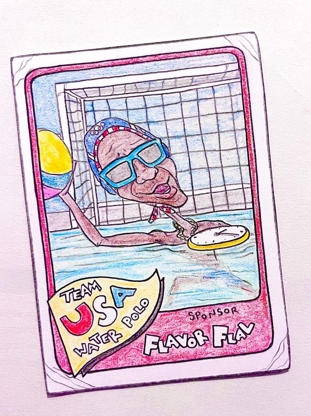 Colored-pencil card drawing of Flavor Flav playing water polo