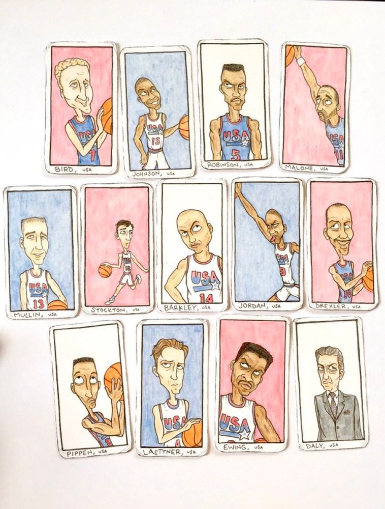 Colored-pencil card drawings of the members of the 1992 Dream Team