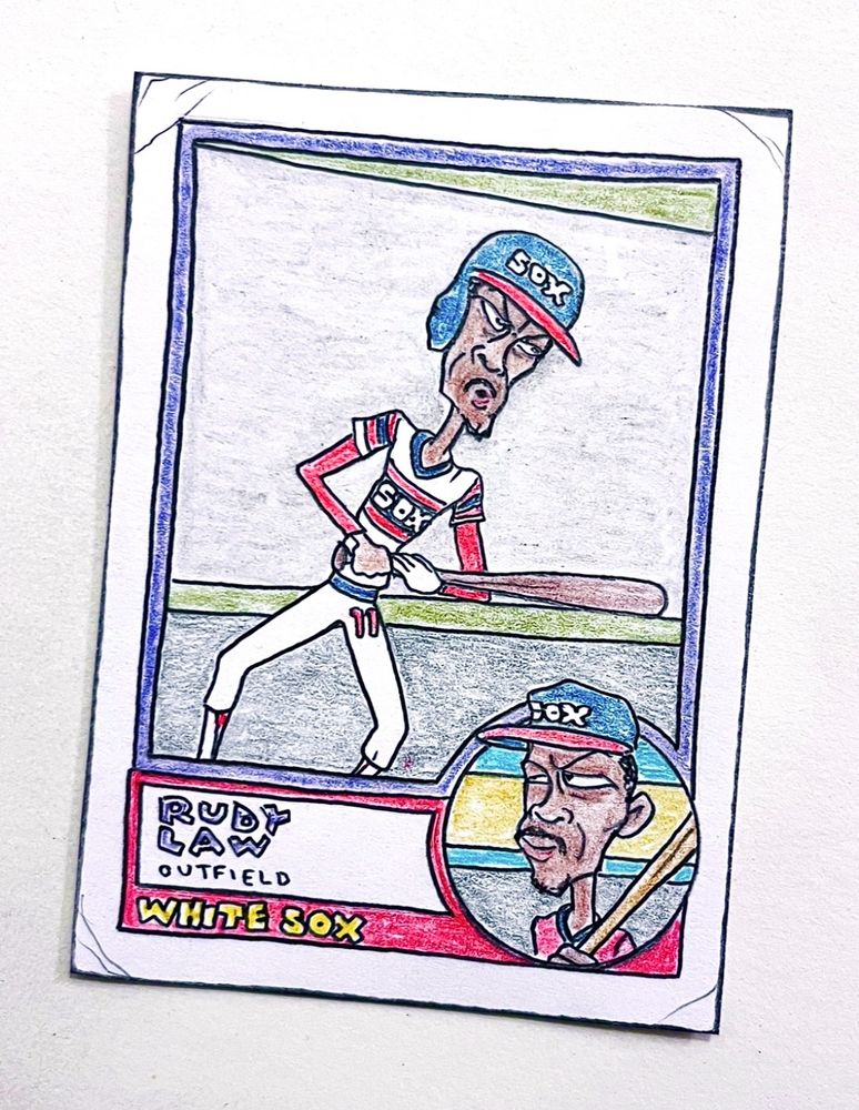 Colored-pencil card drawing of Rudy Law