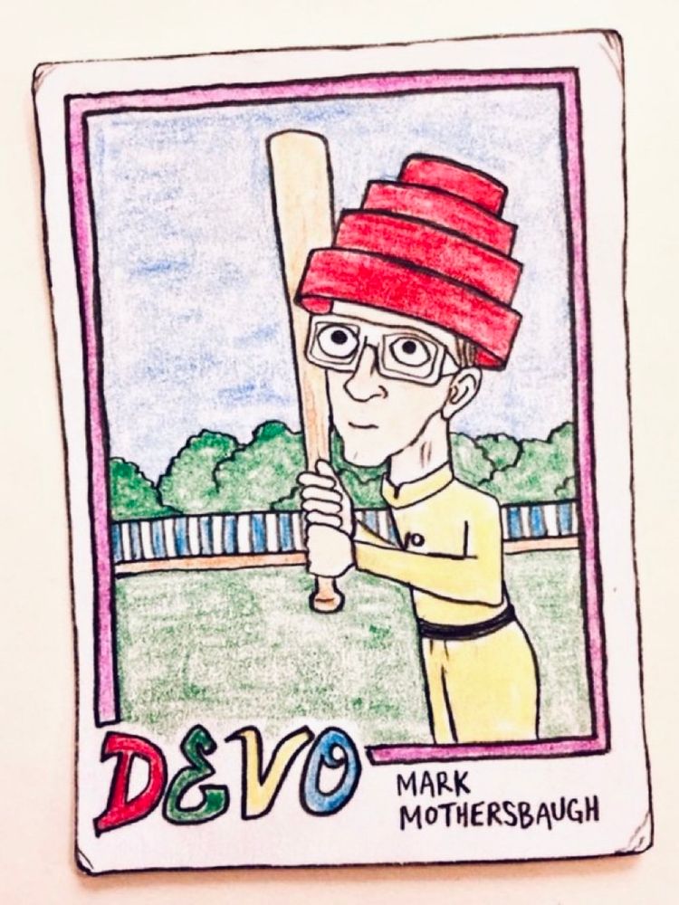 Colored-pencil card drawing of Mark Mothersbaugh