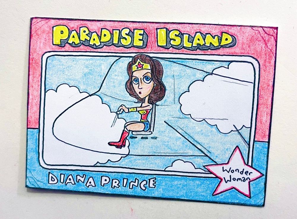 Colored-pencil card drawing of Wonder Woman flying an invisible plane 