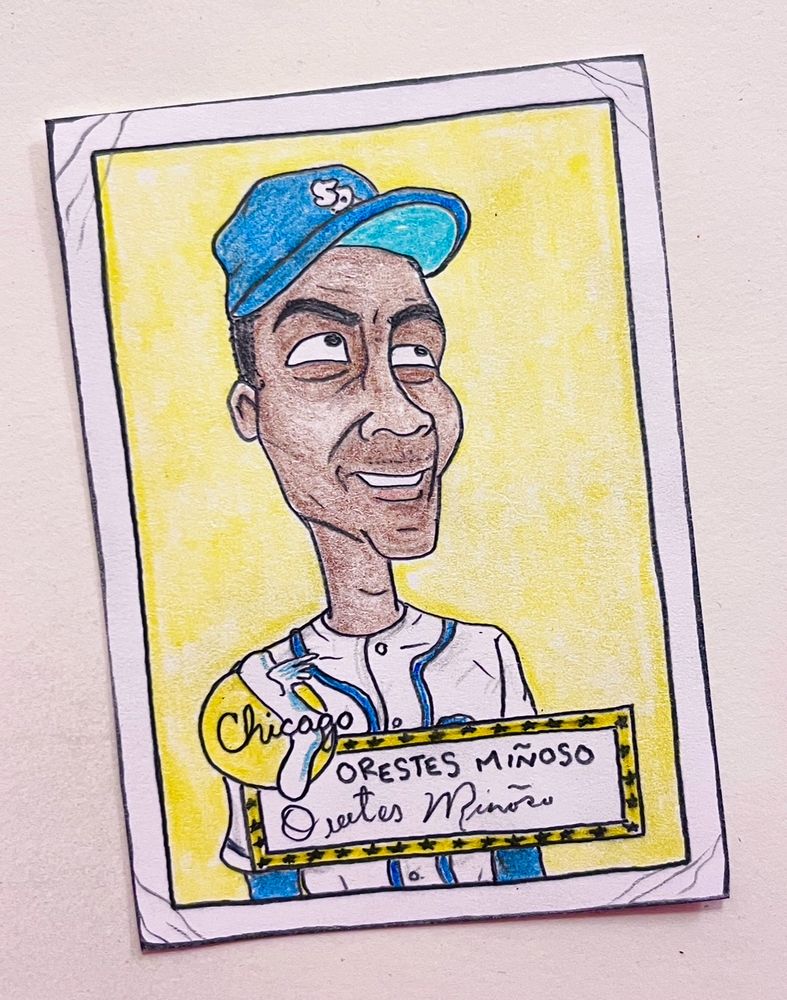 Colored-pencil card drawing of Minnie Miñoso