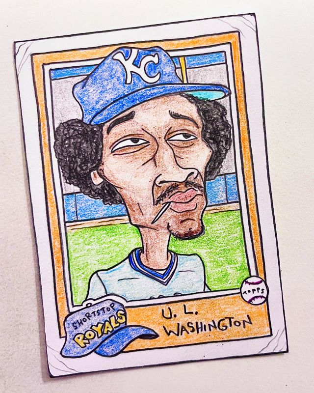 Colored-pencil card drawing of U. L. Washington, with toothpick 