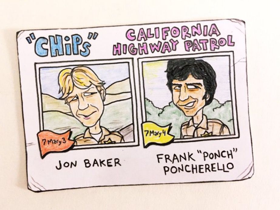 Colored-pencil card drawing of Jon and Ponch